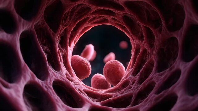 Blood vessel interior red blood cell flow microscopic medical illustration of artery lumen, vascular tunnel, cell transport, circulatory system, human tissue, biology, healthcare science, close view