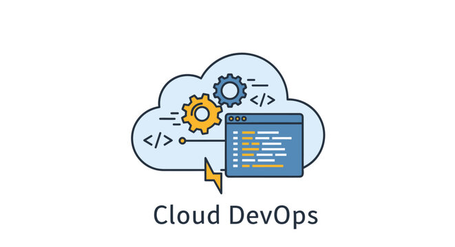 Cloud DevOps Concept: Coding, Gears, and Cloud Computing Icon