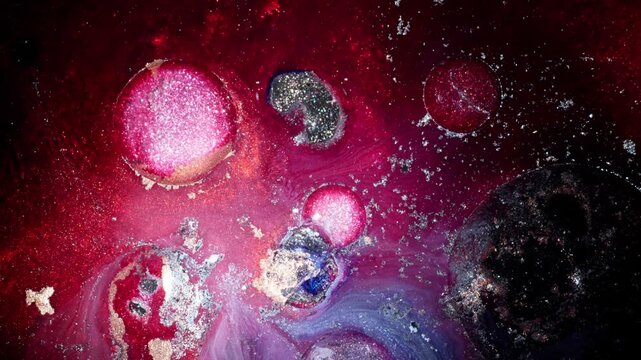 Moody macro perspective of red and purple alcohol ink blending into a marbled liquid texture, mimicking a microscopic biological environment.