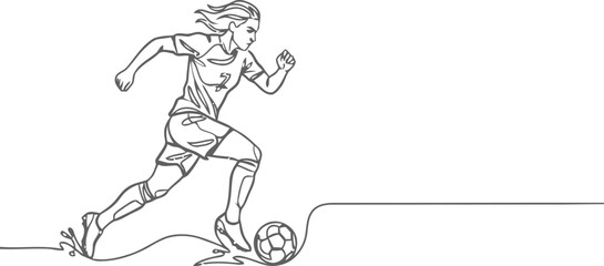 Fototapeta premium Line art illustration of a female soccer player dribbling