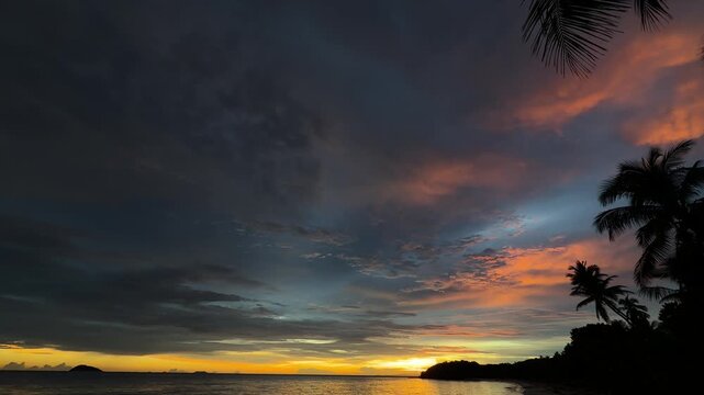 Silhouetted Palm Trees and beach in Fiji at sunset.