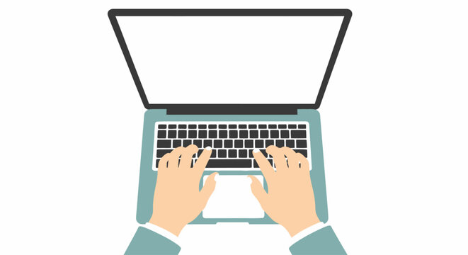 Hands typing on laptop keyboard fast.