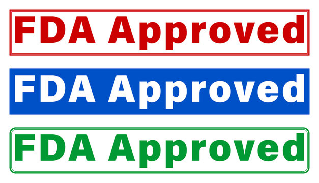 Three FDA approved labels in red blue and green colors