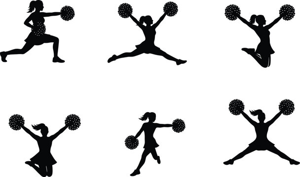 Cheerleader Silhouette Collection Featuring Dynamic Jumping and Dance Poses with Pom Poms Sports Vector Illustration Set