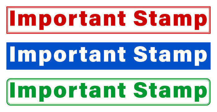Three important stamp labels with different colored borders and text