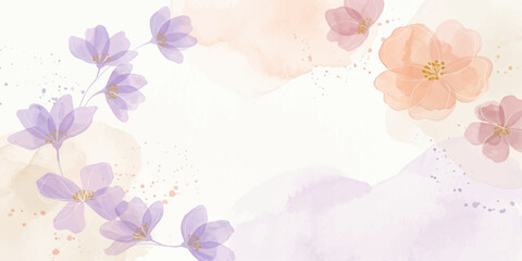 Soft watercolor blooms in pastel hues of purple and peach gently drift across a light, ethereal background. for web, ui, branding, design, art, Interior, background © Rakib