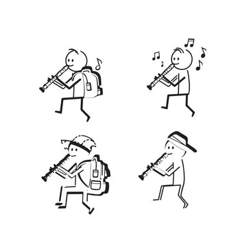 Cartoon characters happily playing musical instruments while walking.