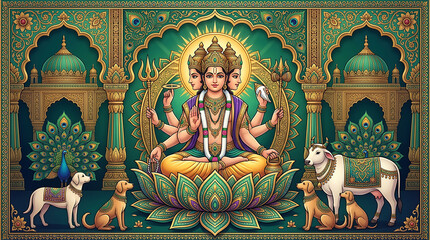 Fototapeta premium Intricate depiction of goddess Durga with divine multiple arms seated on a lotus flower amid a luxurious temple setting