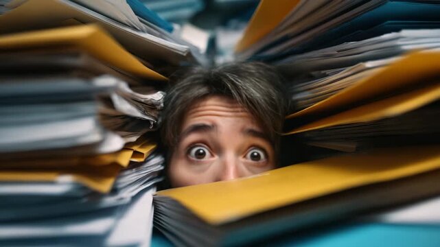 Worried office worker buried in paperwork and document stack with wide eyes, stressed expression, cluttered desktop, file folders, anxiety, overwhelmed by messy desk and chaos