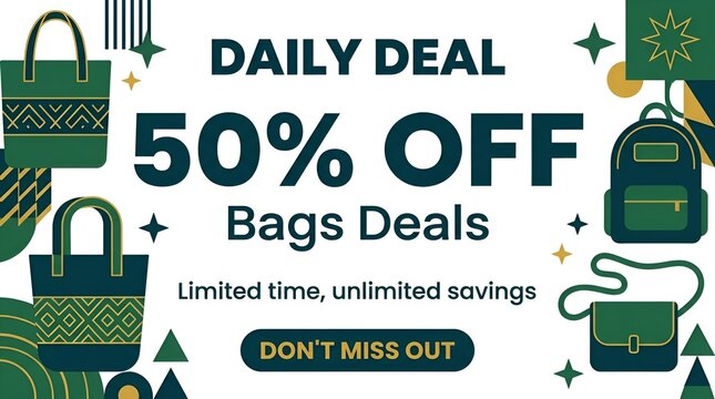 Colorful handbags and purses in promotional sale advertisement.