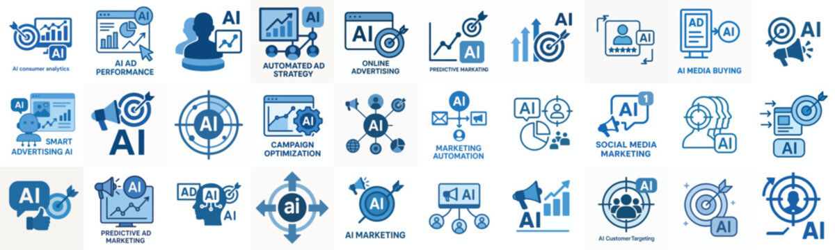 flat vector icon AI in marketing (targeting ads) blue color
