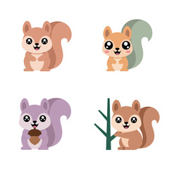 Fototapeta premium Playful Forest Squirrels, Cute Characters With Acorns And Tree Branch, Colorful Flat Style, Sticker Pack Icon Set, Clipart Collection