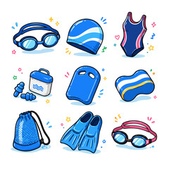 Colorful Swimming Equipment Doodle Icon Set Collection on White Background © Andy Dwi