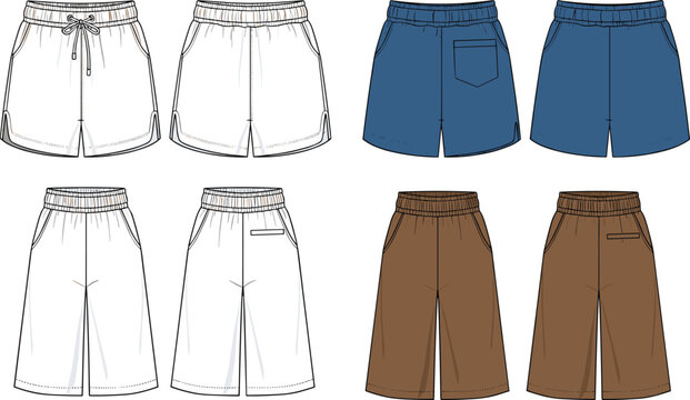 Technical fashion illustration set of vector summer shorts and wide leg culottes trousers with elastic waistbands