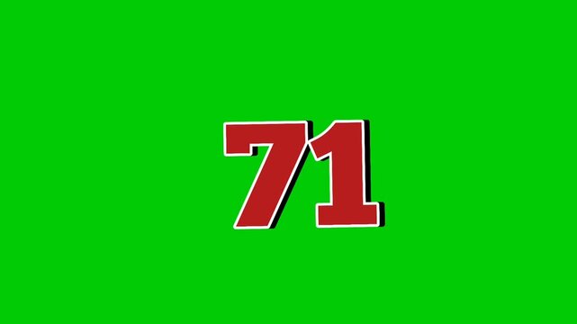 Number 71 symbol sign animation motion graphics cartoon green screen background.Red number smoke effects video elements