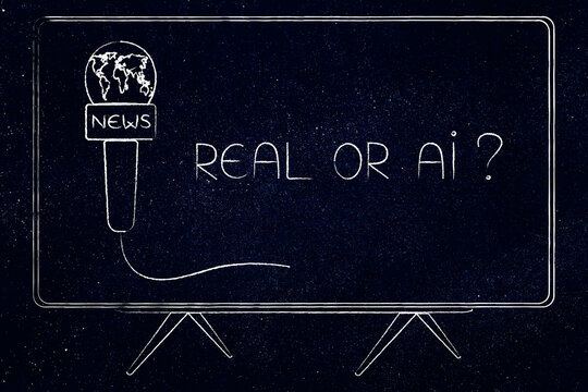 artificial intelligence in news media, tv set with news microphone and text Real or AI