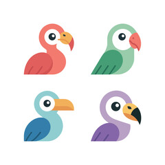Exotic Bird Faces Sticker Pack, Colorful Parrots And Dodos With Shapes, Cute Modern Style, Flat Vector Icons, Icon Set Clipart © Joybeee