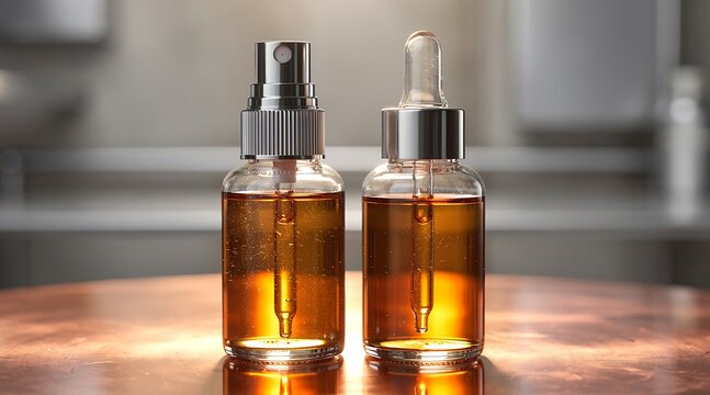 Two Glass Bottles with Amber Liquid - Dropper and Spray Tops.
