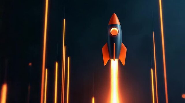 Rocket launch flame dark background space travel flight lift off orange glow futuristic propulsion digital art energy burst fire trail night motion aero speed transport science technology