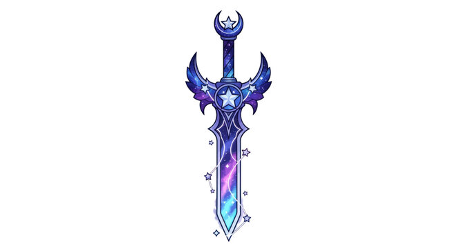 Fantasy Galaxy Sword with Stars and Moon, Cosmic Weapon Illustration