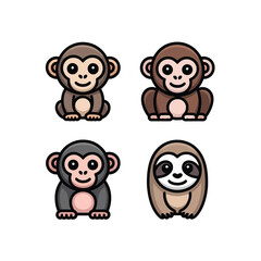 Fototapeta premium Monkey And Sloth Characters, Cute Jungle Friends, Minimal Style Icon Set, Flat Vector Icons, Clipart Collection, Decorative Elements For Learning