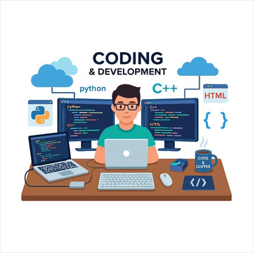 Coding and Development Flat Vector Illustration &ndash; Programmer Workspace with Python, HTML and C++ Programming Concept