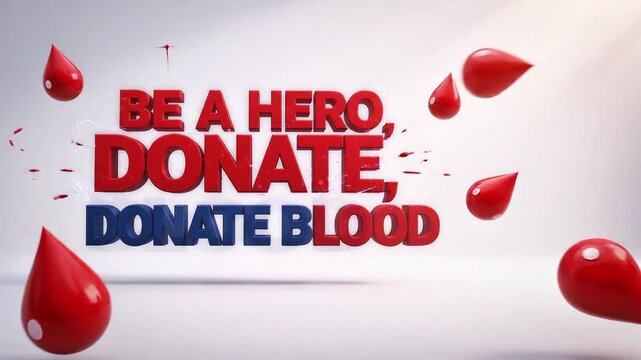Vibrant 3D rendering urging individuals to 'Be a Hero, Donate Blood,' featuring dynamic red blood droplets symbolizing the crucial act of giving life and supporting community health initiatives