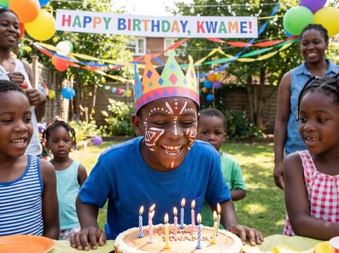 Excited African boy named Kwame with tribal face paint and a paper crown gets ready to blow out candles on his birthday cake.