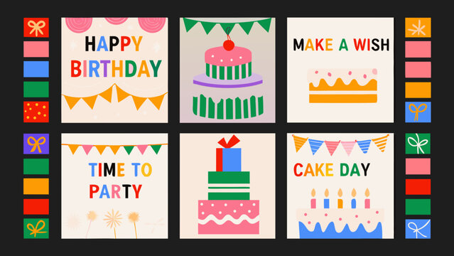 birthday greeting card suite with colorful geometric designs