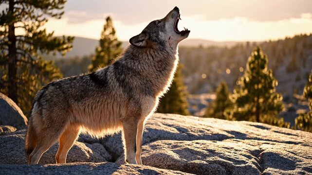 Gray wolf standing on a rocky mountain ridge, howling toward the sky at sunset with golden hour light illuminating its fur against a blurred background of evergreen trees and hills.