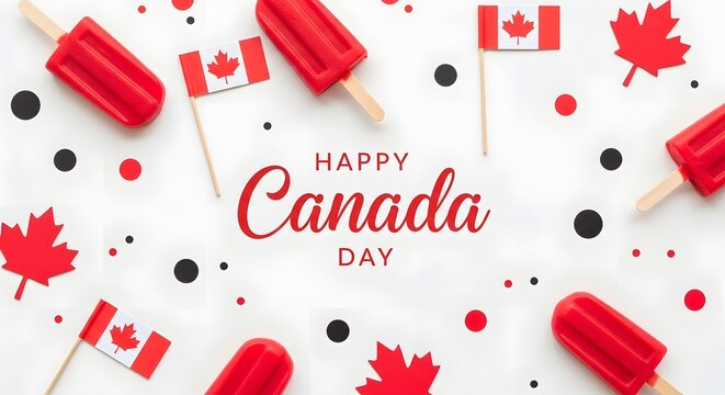 Happy canada day celebration background with red popsicles, maple leaves and small canadian flags isolated on white background