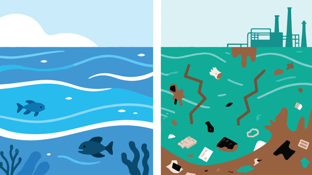 Illustration Of Clean Ocean Vs Polluted Ocean Split Vector Design Template