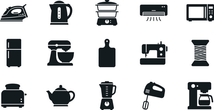 Household appliance and kitchen tool icon set featuring microwave refrigerator coffee maker blender sewing machine and toaster for home electronics design