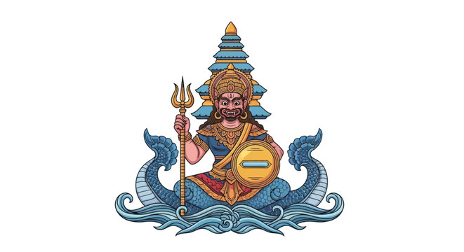 Varuna Deity Riding Sea Creature with Trident and Shield, Hindu Mythology