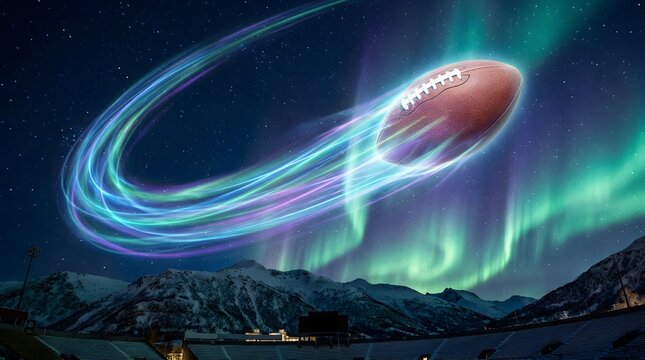 American football flying through night sky with northern lights.