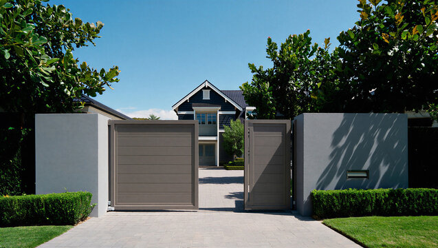 Open modern grey swing gate at residential entrance with concrete pillars and lush trees, entrance