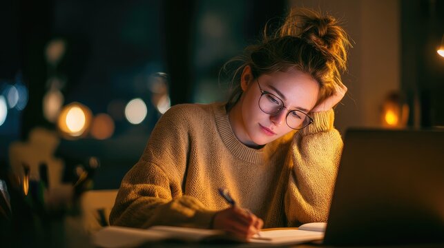Focused Student Engaged in Late-Night Study Session with Warm Ambiance