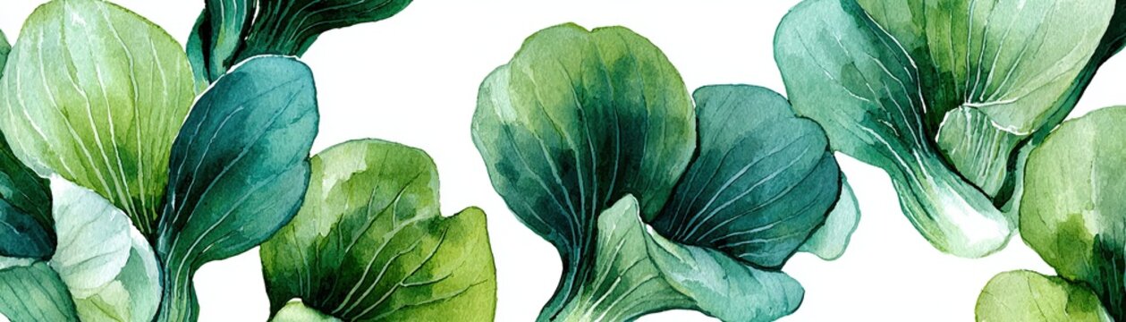 A watercolor painting features soft green leaves with delicate veins and shades of blue and teal, arranged in a seamless horizontal pattern on a white background.