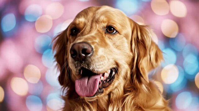 Close-up portrait of a happy Golden Retriever dog with its mouth open and tongue out, looking at the camera against a colorful pink and blue bokeh light background.