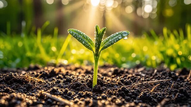 Close-up of a small green seedling sprouting from dark fertile soil with dew droplets on leaves under golden sunlight rays in a blurred natural garden field environment.