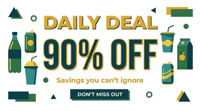 Colorful daily deal advertisement with ninety percent off.