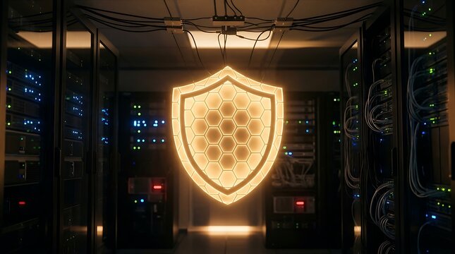Glowing Cyber Security Shield in Modern Data Center Server Room