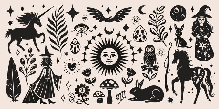 mystical witchcraft elements collection black silhouettes on beige background