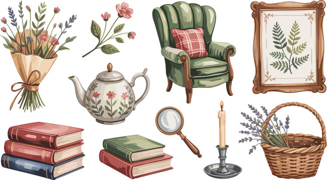 watercolor still life arrangement with vintage armchair books flowers and decorative objects