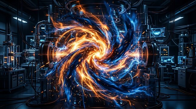 Futuristic Fusion Reactor with Swirling Blue and Orange Energy