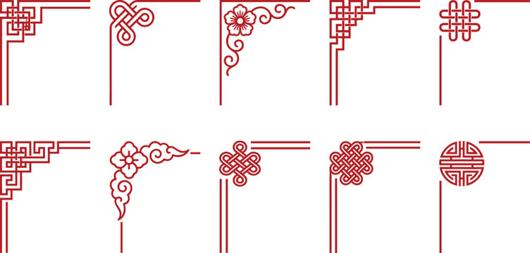 traditional chinese corner ornaments red line art on white background decorative asian patterns
