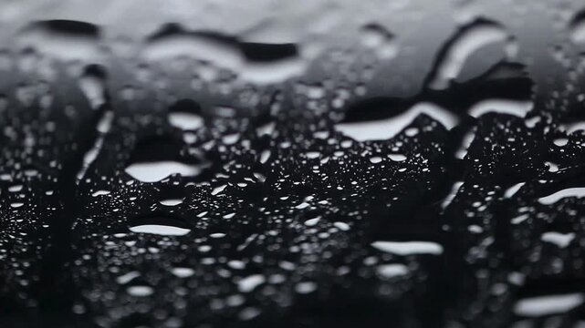 Abstract silver liquid droplets create a pattern on a dark glass surface with reflections, suitable for backgrounds, textures, or design elements.
