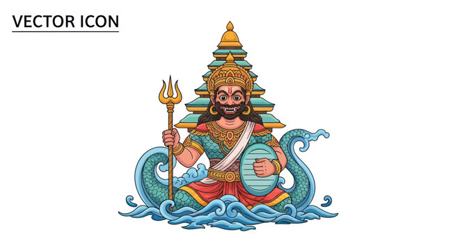 Varuna Indian God Of Water And Ocean Sitting On Serpent With Trident And Conch
