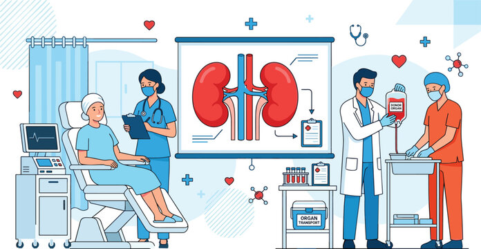 Medical Kidney Dialysis and Organ Transplantation Concept with Doctors Treating Patient in Clinic Ward and Renal Anatomy Board Vector Illustration