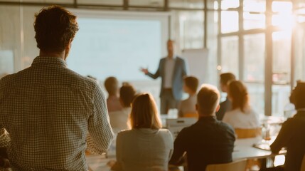 Fototapeta premium Engaging Business Presentation Under Soft Sunset Light in Modern Conference Room